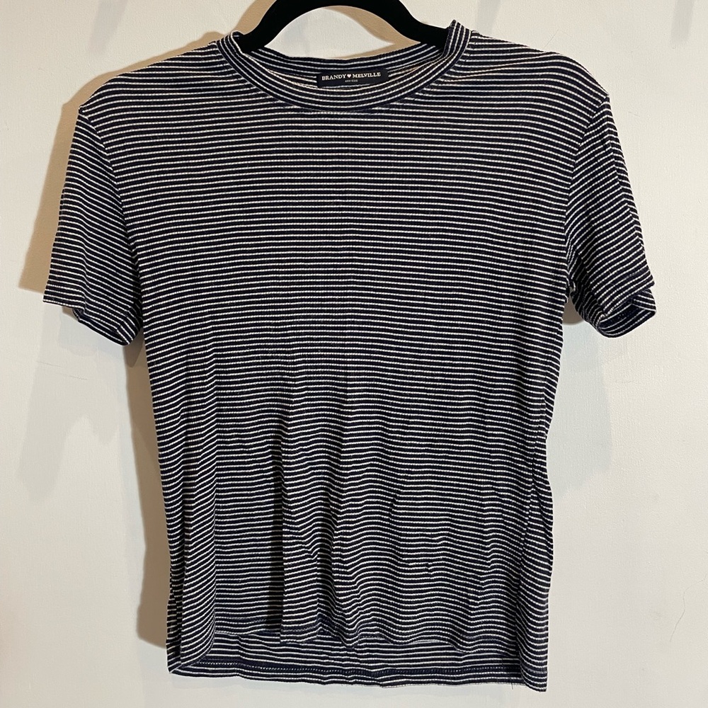 Brandy Melville Navy and White Striped Short Sleeve Tee